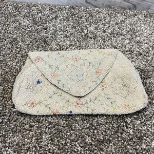 Vintage Seed Bead Embroidery White Pink Green Snap Silk Lining